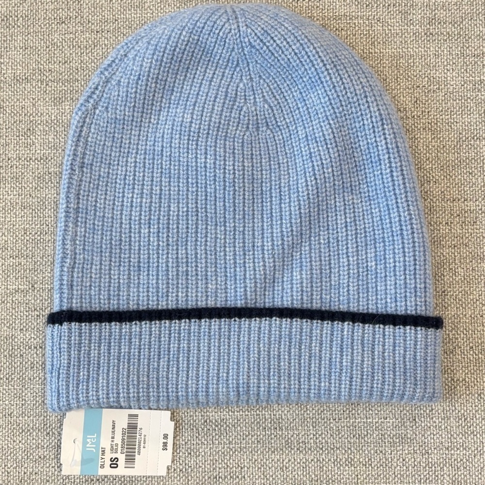 NWT J. McLaughlin 100% Cashmere Olly Hat Beanie In Light Blue Navy